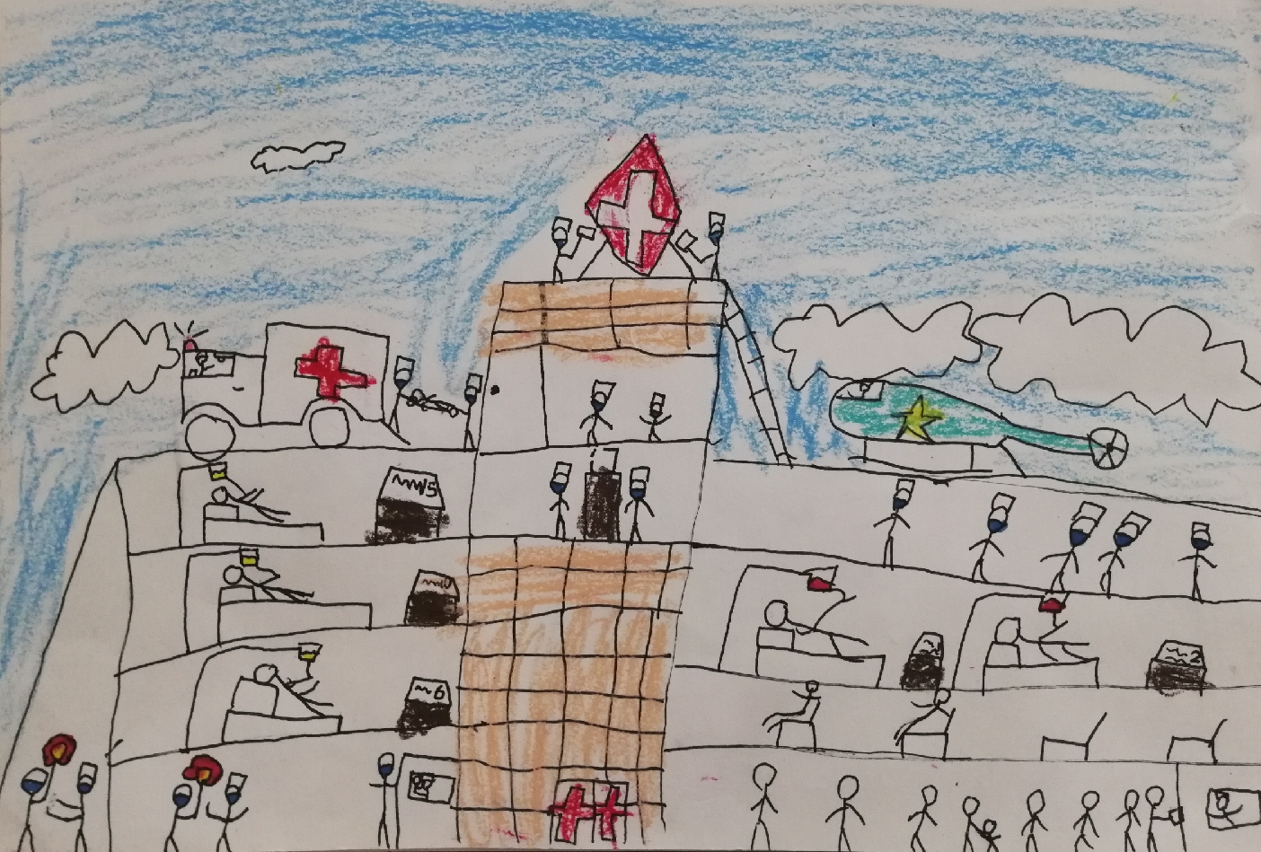 1582109656147933.jpg 增2,少儿组,《没有硝烟的火柴人战争》于俊杰,6岁(新繁幼儿园)创作说明:小作者通过少儿一款比较火热的游戏《火柴人战争》中提取人物形象,结合当前全国抗击新型冠状病毒感染肺炎疫情,设计构思了一所火柴人医院,表现了医院救护人员全力以赴救治感染病人,其中空军直升机也参与本次抗击疫情狙击战中,画面中呈现了病人从救护车、直升机接到医院经过全力救治并顺利出院的感人画面。.jpg