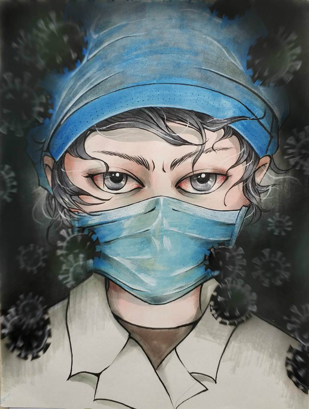 8，专业组，《生命的战斗》（漫画）江娜（四川工商学院）创作说明：利用漫画夸张的手法结合图形的正负共生表现，展现一名普通的医务人员在抗击此次新冠病毒的过程中用生命在与病毒斗争，不怕牺牲勇于挑战的坚强毅力。_meitu_10.jpg
