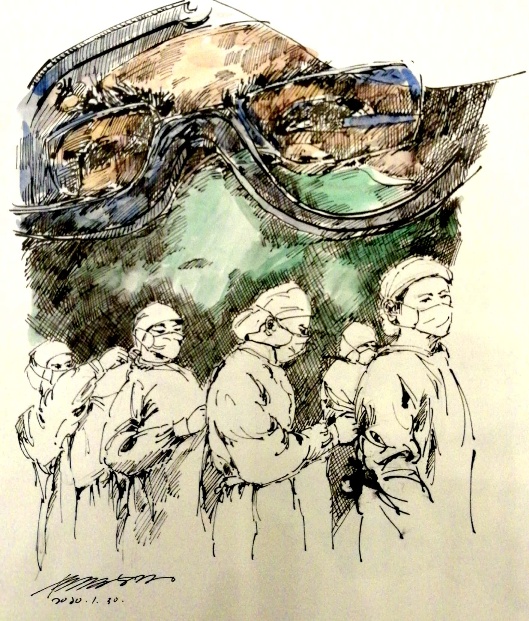 1584756232575931.jpg 4,专业组,,《疫情一线有勇士》(钢笔淡彩),杨家驹(武侯美协理事).jpg